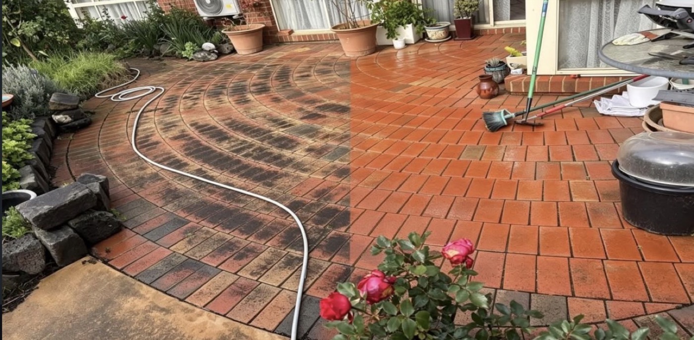 Same paver patio before and after an R&R clean